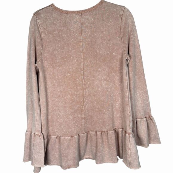 Easel Distressed Acid Wash Ruffle Top Long Sleeve Dusty Rose Pink Size Small - Picture 2 of 10